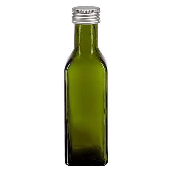 Bouteille d&#039;huile 100 ml carrée, vert olive + capsule à vis en aluminium argenté (PP 24 mm)