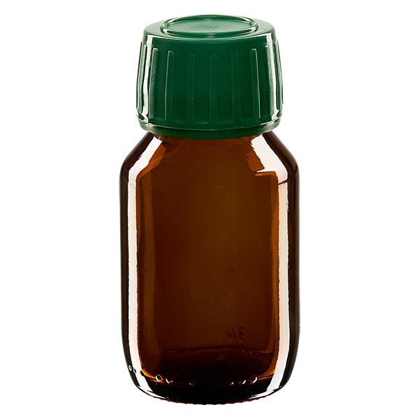 Flacon médical 50 ml couleur ambrée avec bouchon verte