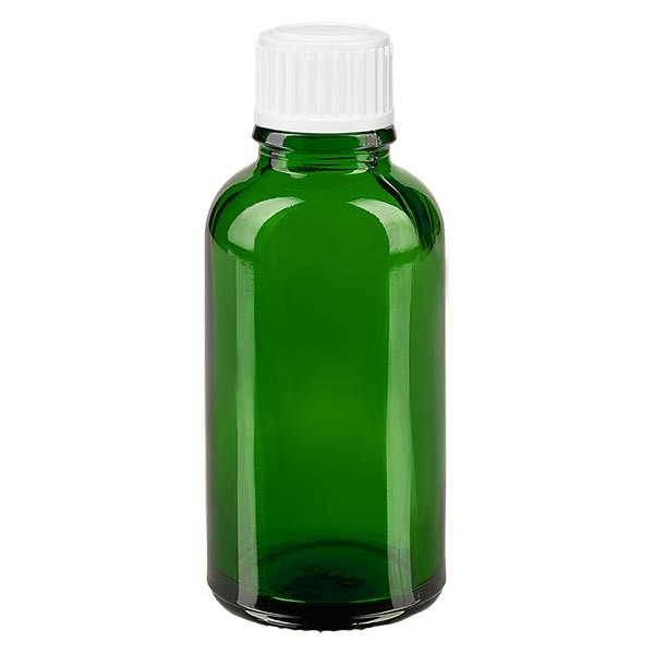 Flacon pharma. vert 30 ml bouch. à vis blanc globules st