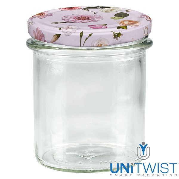 Bocal en verre 350 ml + couvercle BasicSeal fleur rose UNiTWIST®