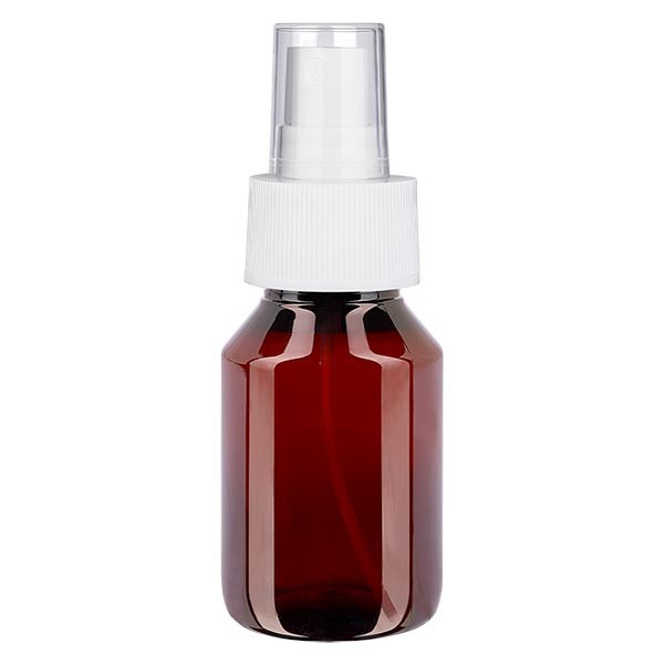 Flacon médical de 50 ml en PET, avec spray blanc GCMI 28/410 et capuchon transparent standard