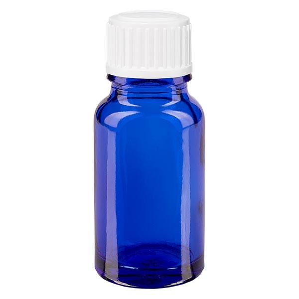 Flacon pharmaceutique bleu 10 ml bouchon compte-gouttes 0.8 mm blanc standard