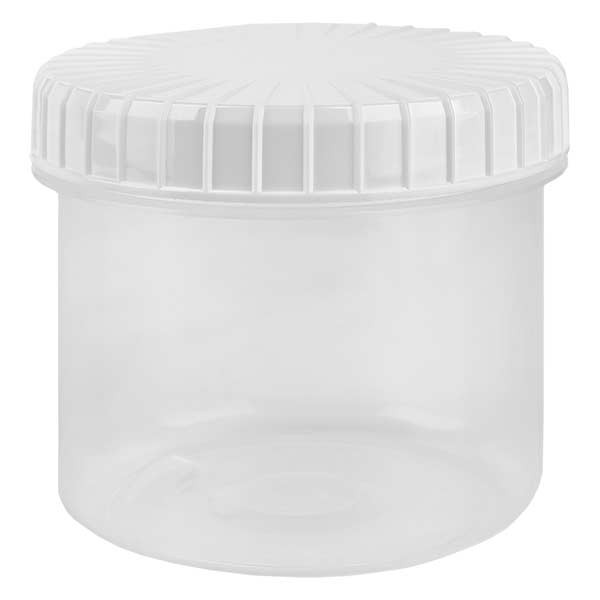 Pot en plastique transparent 135 ml + couvercle à vis blanc strié en PE, fermeture standard