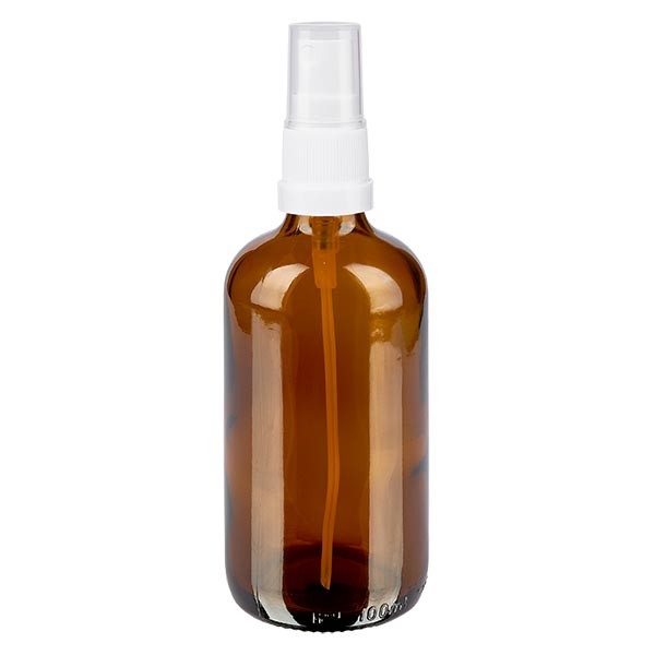 Flacon compte-gouttes ambré 100 ml avec vaporisateur à pompe blanc