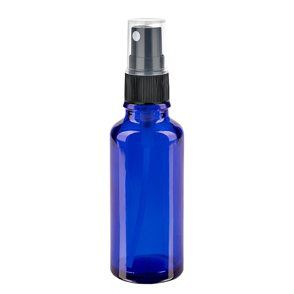 Flacon compte-gouttes bleu 30 ml avec vaporisateur à pompe noir