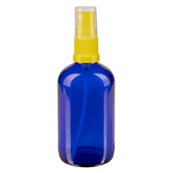Flacon compte-gouttes bleu 100 ml avec vaporisateur à pompe jaune